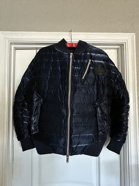 Karl Lagerfeld Paris Glossy Navy Blue Quilted Bomber Jacket Mens M